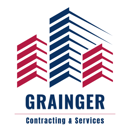 Grainger Contracting and Services horizontal logo with a building icon and re and blue colors the same color as the American Flag