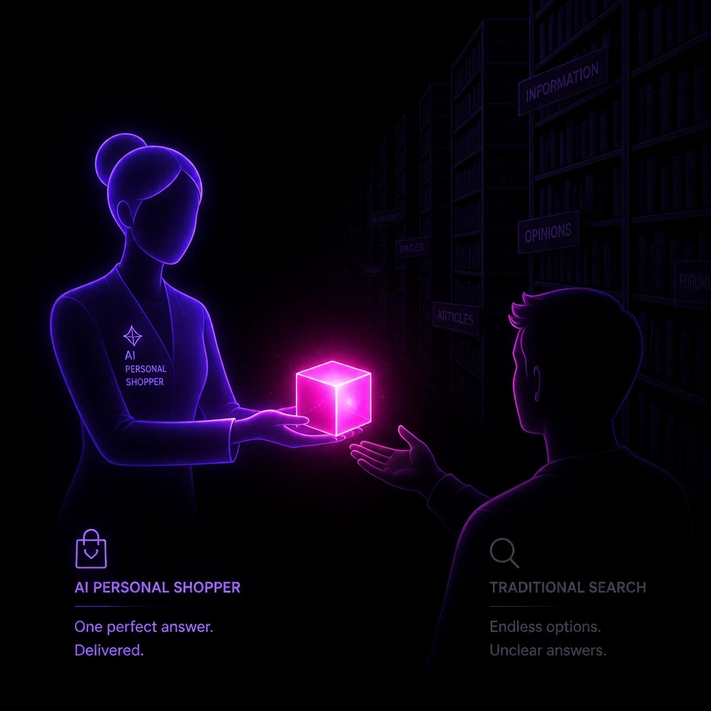 A sleek digital illustration representing a personal shopper versus a library. A minimalist, luminous violet figure is handing a single, glowing magenta light-cube to a user, while faint outlines of library shelves fade into the shadows.