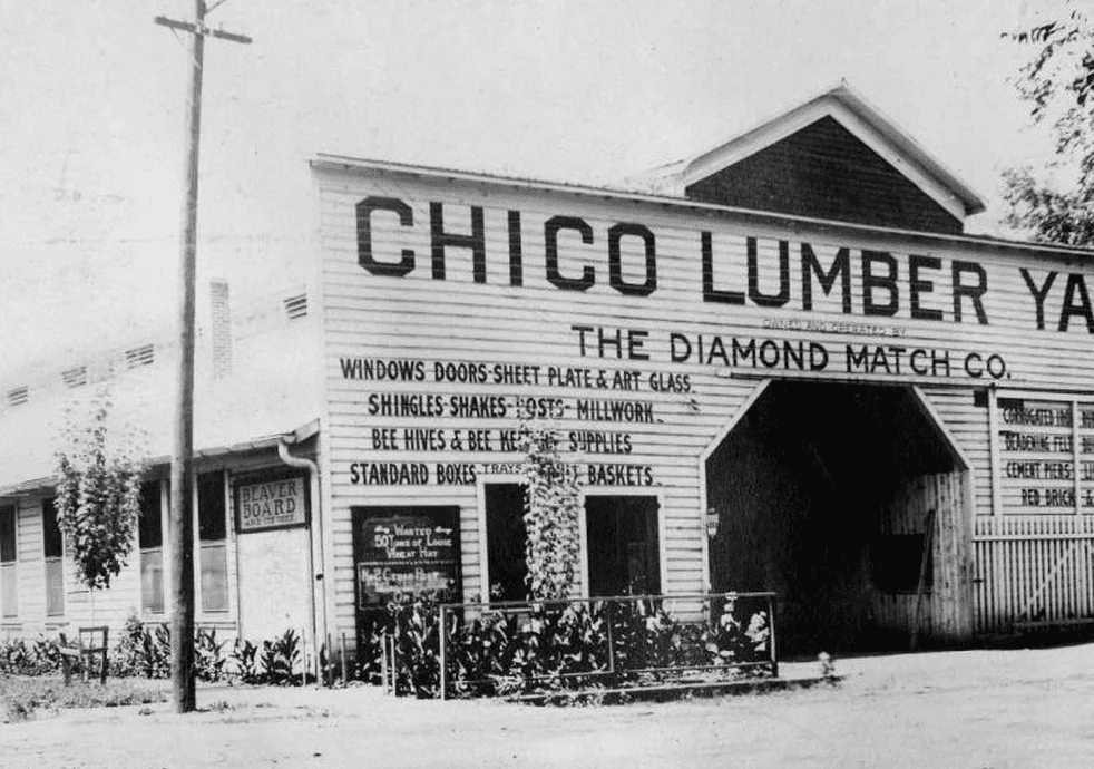 old black and white photo of the front of the the Diamond Match Company's Chico Lumber Yard