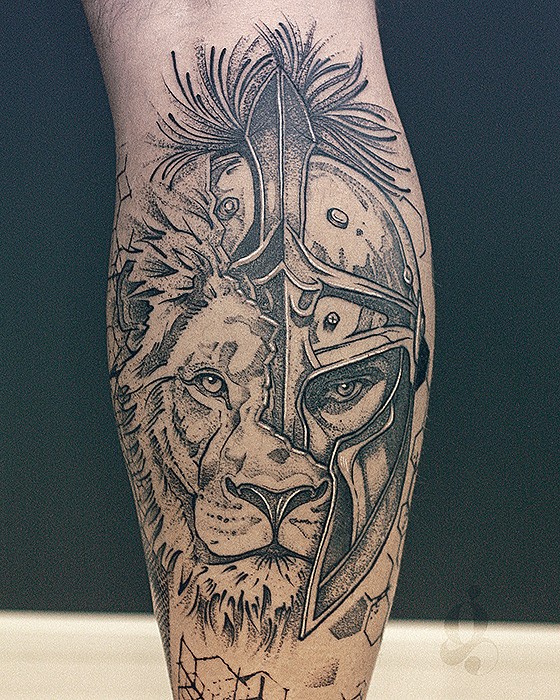 Lion Spartiate - Portraits & Personnages, Animaux, Graphique & Blackwork par Julien Joolz à Grinoir Tattoo