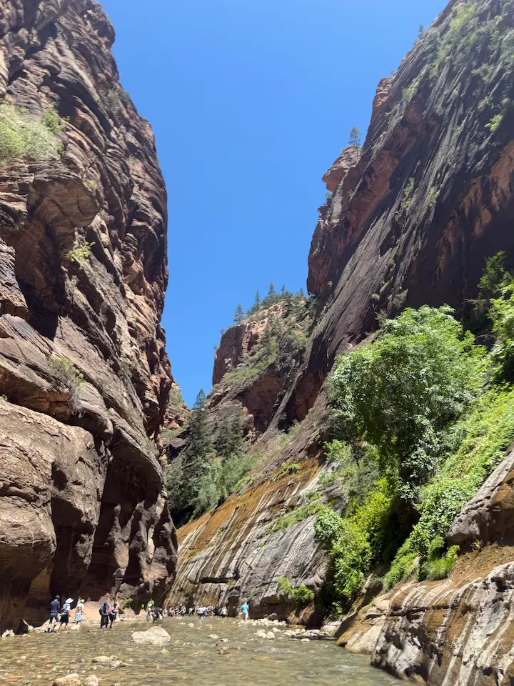 View from inside the Narrows showing the massive slot canyon walls with people in the distance appearing very small.