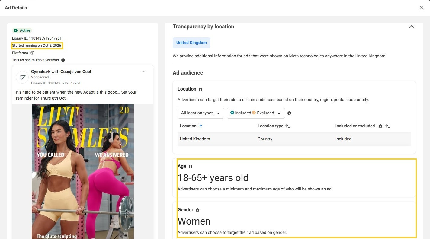 Ad details for a Gymshark partnership ad in the UK: started running on October 5, 2026, aimed at women in the United Kingdom aged 18 to 65+