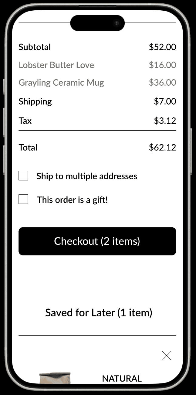 iphone mockup of the redesigned RoosRoast shopping bag with the checkout button visible