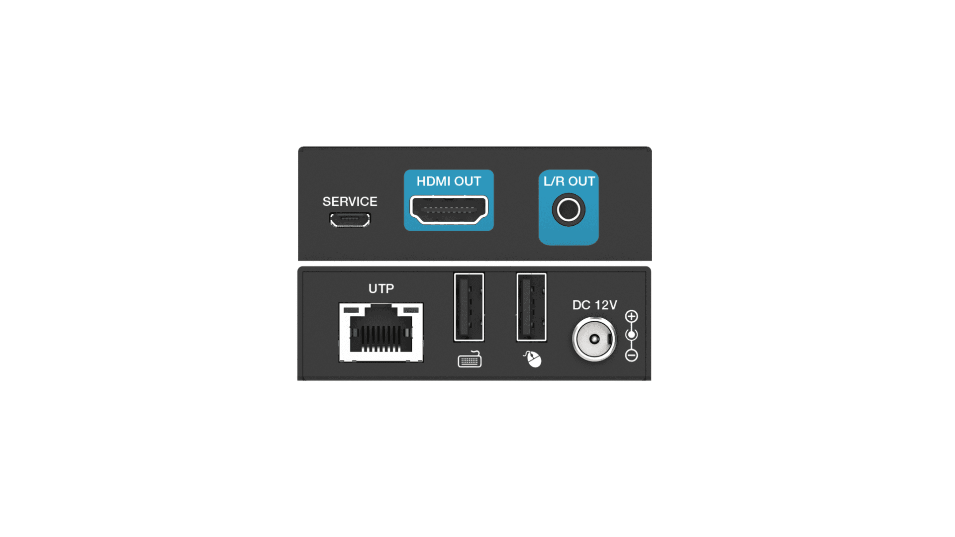 Rear panel of an extender: UTP, HDMI out, L/R out, DC 12V