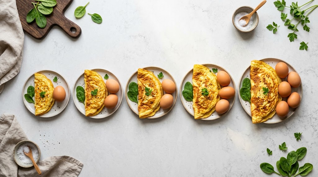 An overhead flat lay photograph capturing five golden, folded omelettes arranged neatly in a row on a clean, light grey stone kitchen countertop, progressing from smallest to largest with corresponding groups of brown hen eggs next to each, subtly garnished with spinach leaves and parsley.