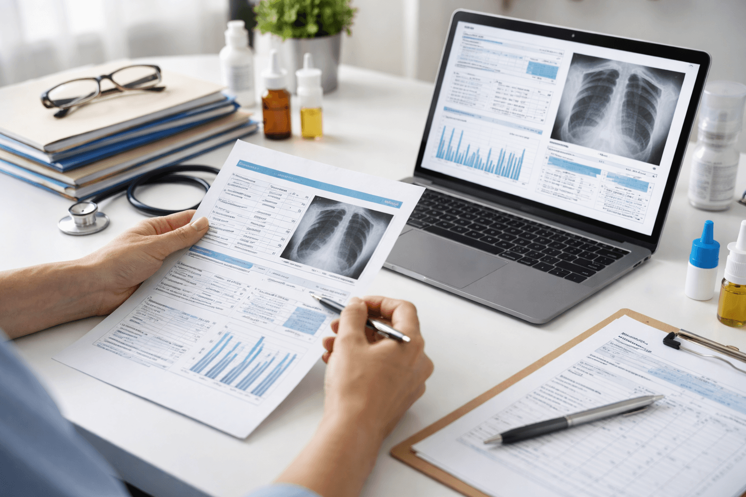 Reviewing medical records and imaging during a case assessment.