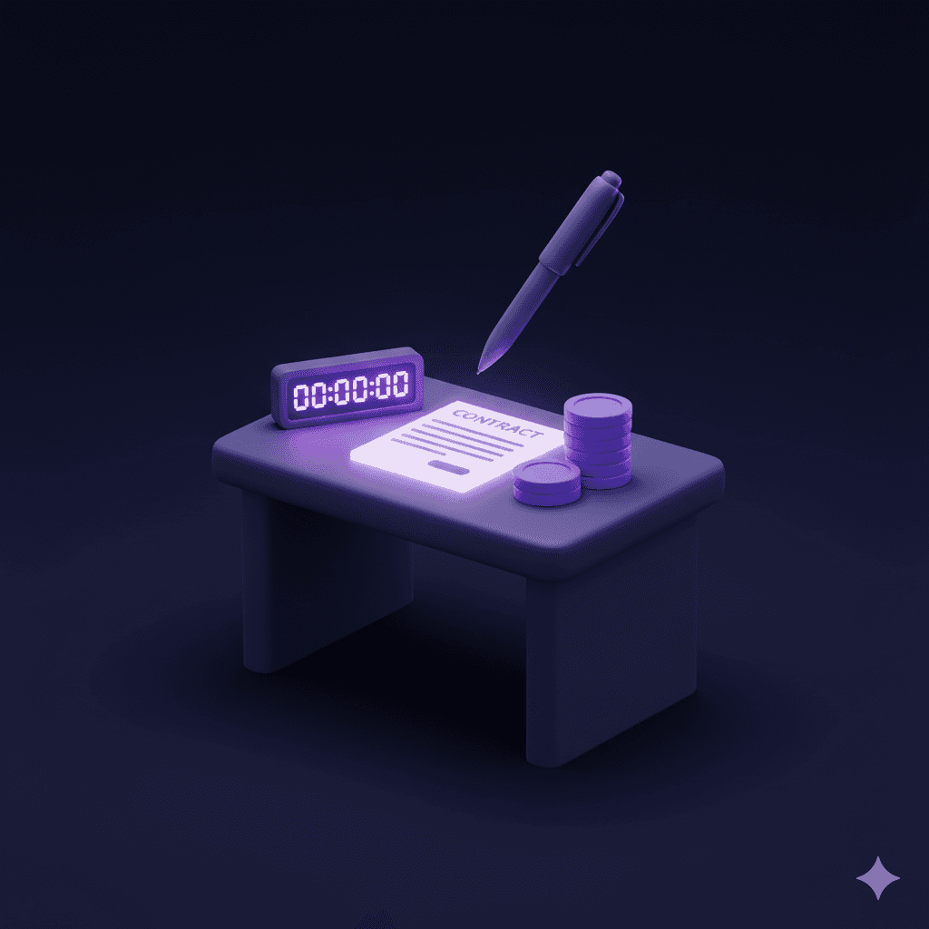 A countdown timer beside a contract and stacked coins with a pen hovering mid-air, representing the 21-day window to review a severance agreement before signing