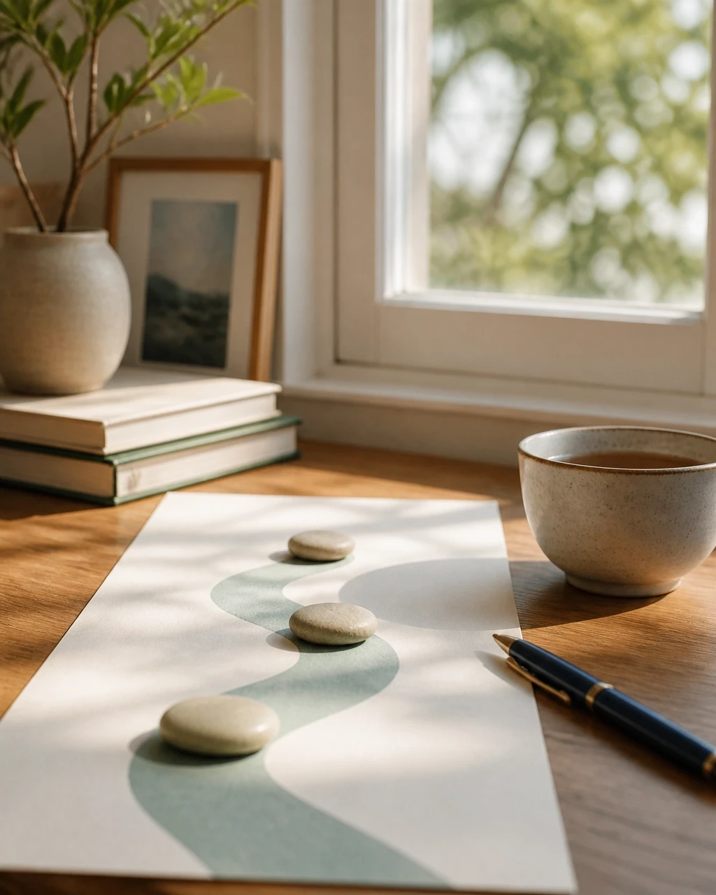 A paper path with simple stepping stones leading toward a bright window