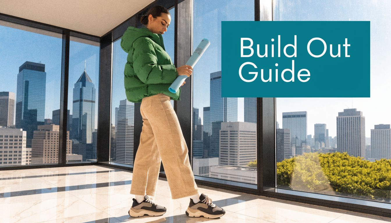 A woman holding blueprints while standing in an office with floor-to-ceiling windows overlooking a city skyline.
