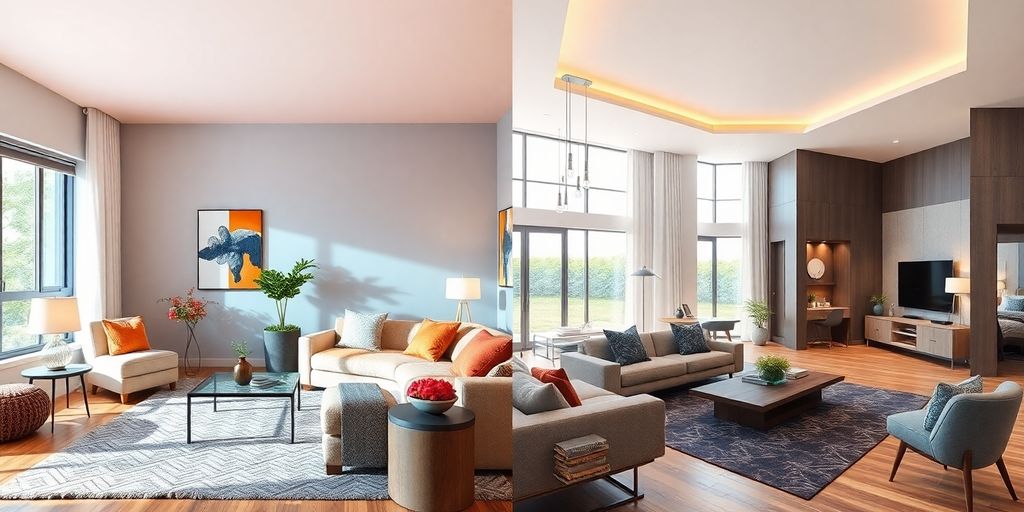 Split image of traditional and AI home staging.