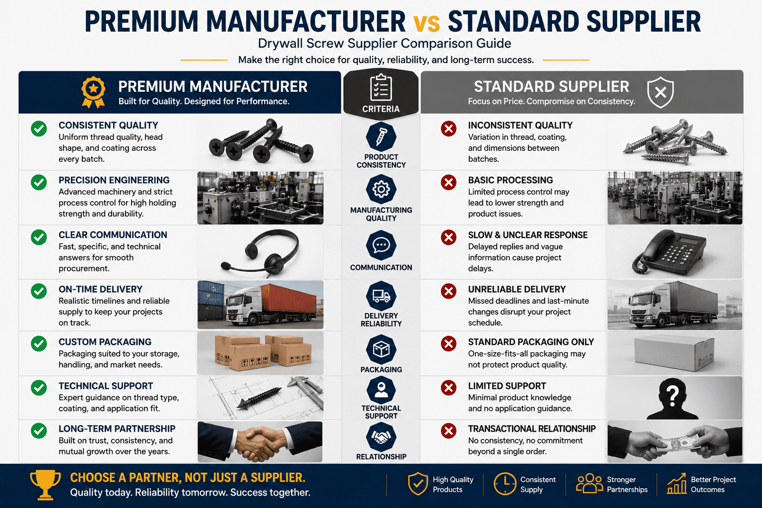 Infographic comparing premium manufacturer criteria against standard supplier criteria. | ALT: Premium manufacturer versus standard supplier comparison for drywall screws
