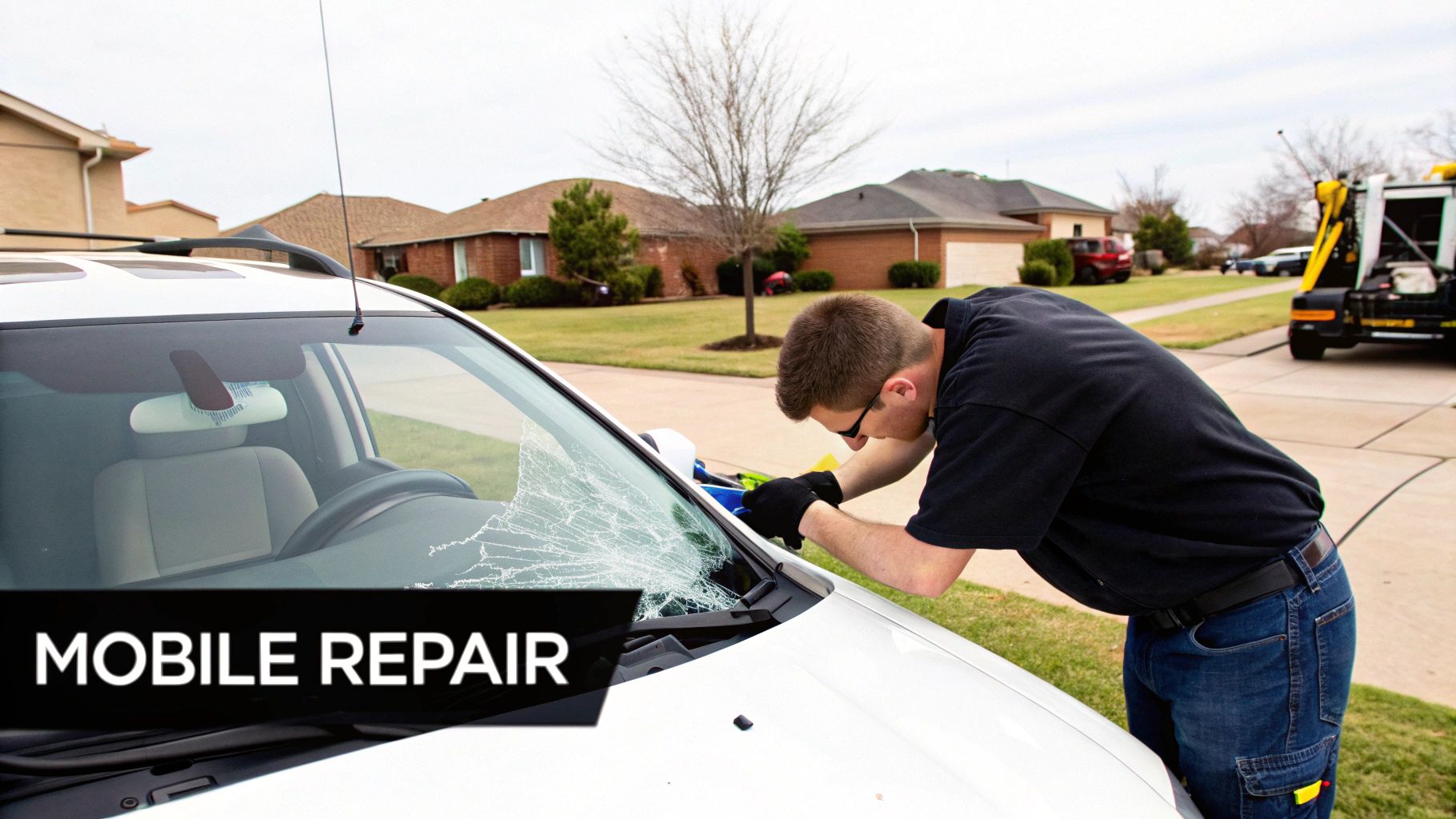 A man in sunglasses and gloves is repairing a shattered windshield on a white car outdoors in a residential area.