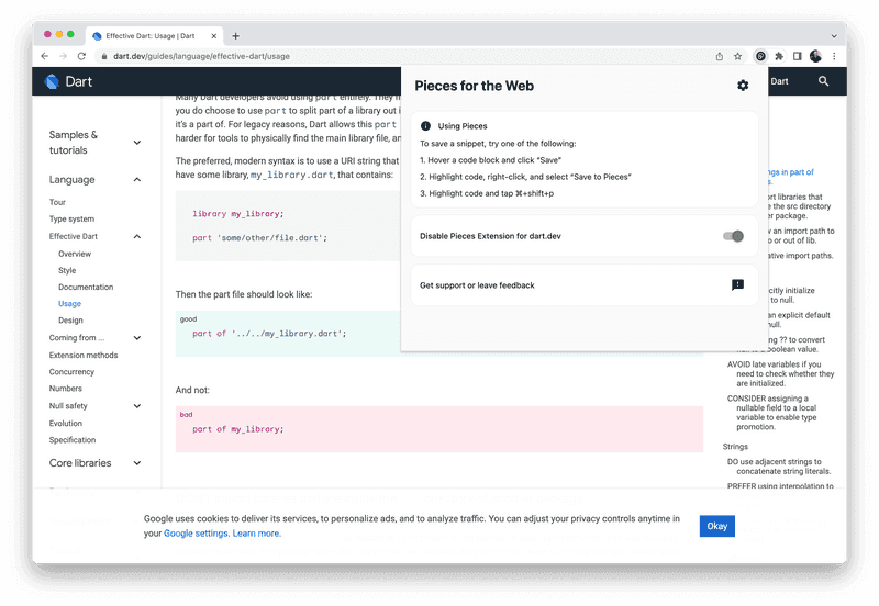 The improved popover menu in the Pieces Web Extension.