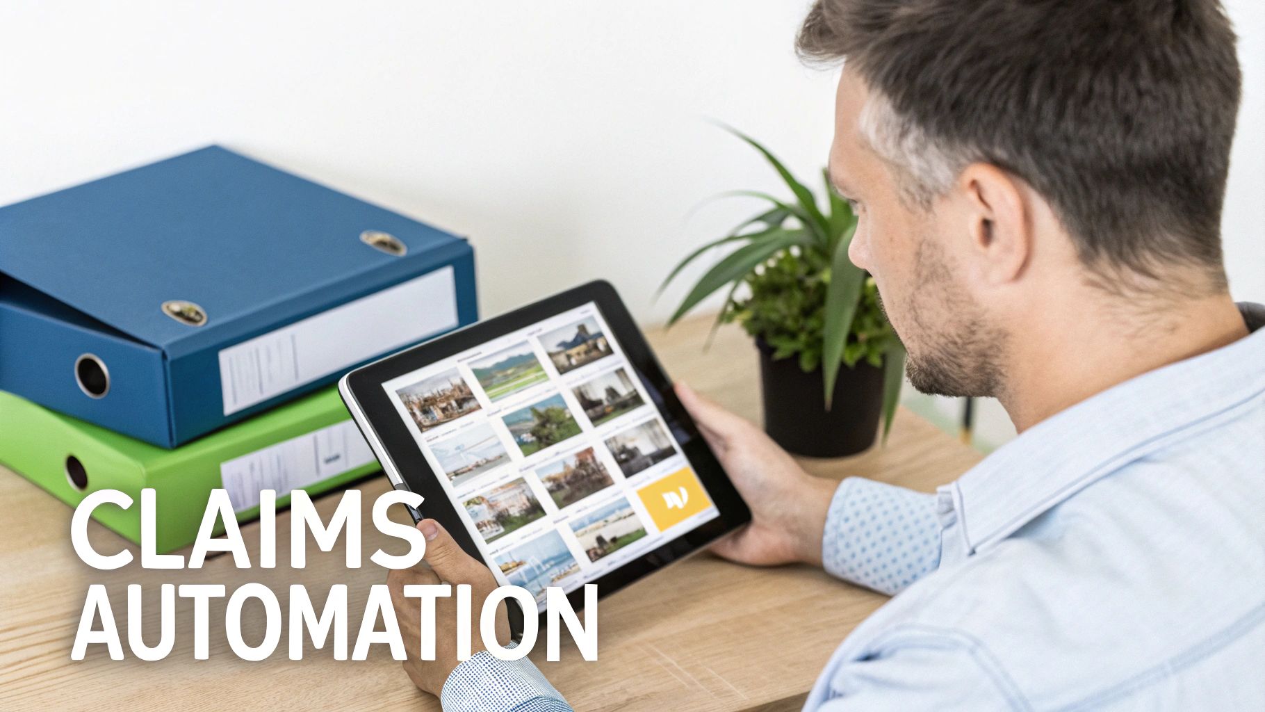 A man reviews images on a digital tablet at a desk with file binders, illustrating claims automation.