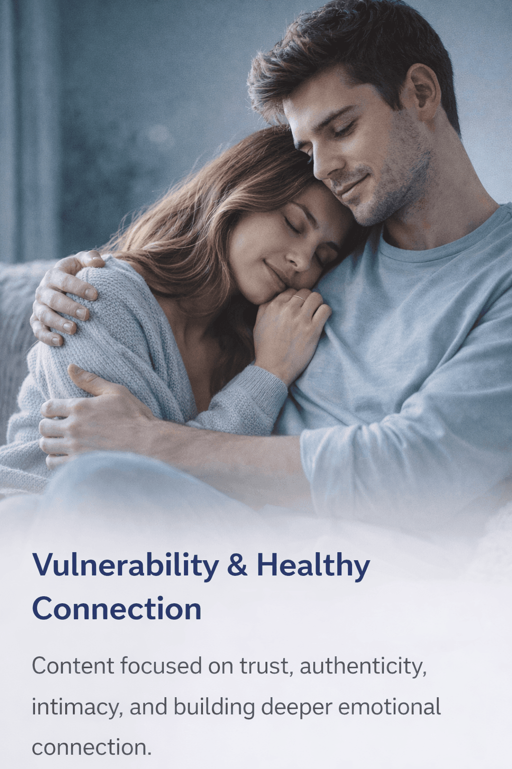 A man gently embracing a woman from behind as she leans back against him with a peaceful expression, illustrating trust and emotional intimacy.