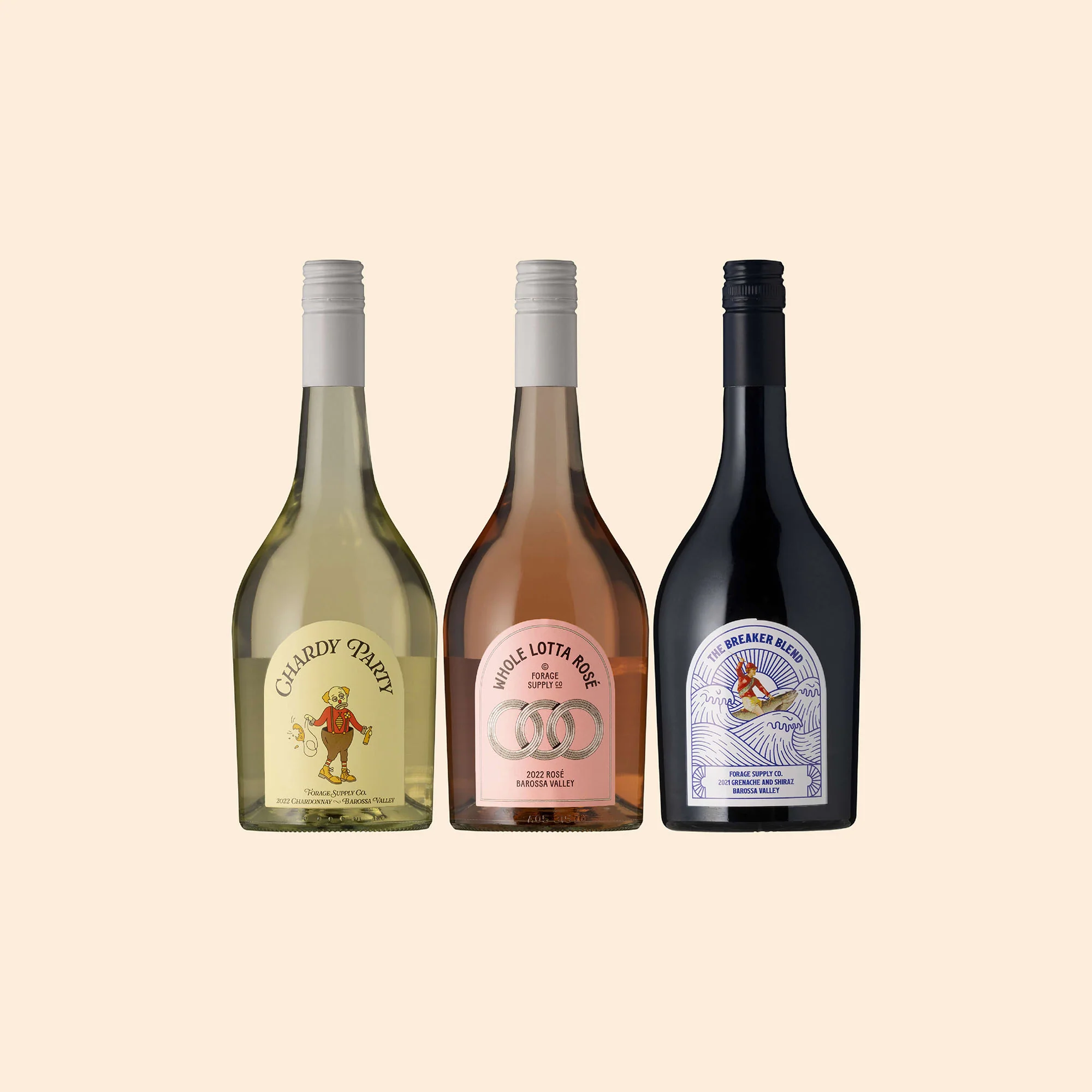 Three Forage Supply Co. wine bottles labelled Chardy Party, Whole Lotta Rosé and The Breaker Blend, side by side