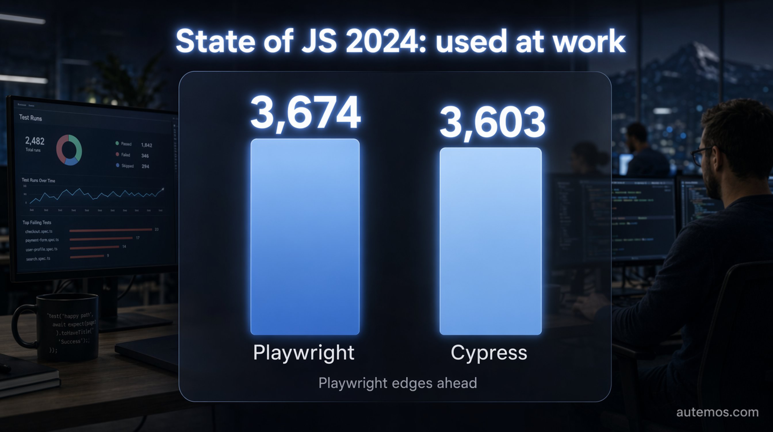 State of JS 2024 used at work: Playwright 3,674 versus Cypress 3,603, Playwright edges ahead.