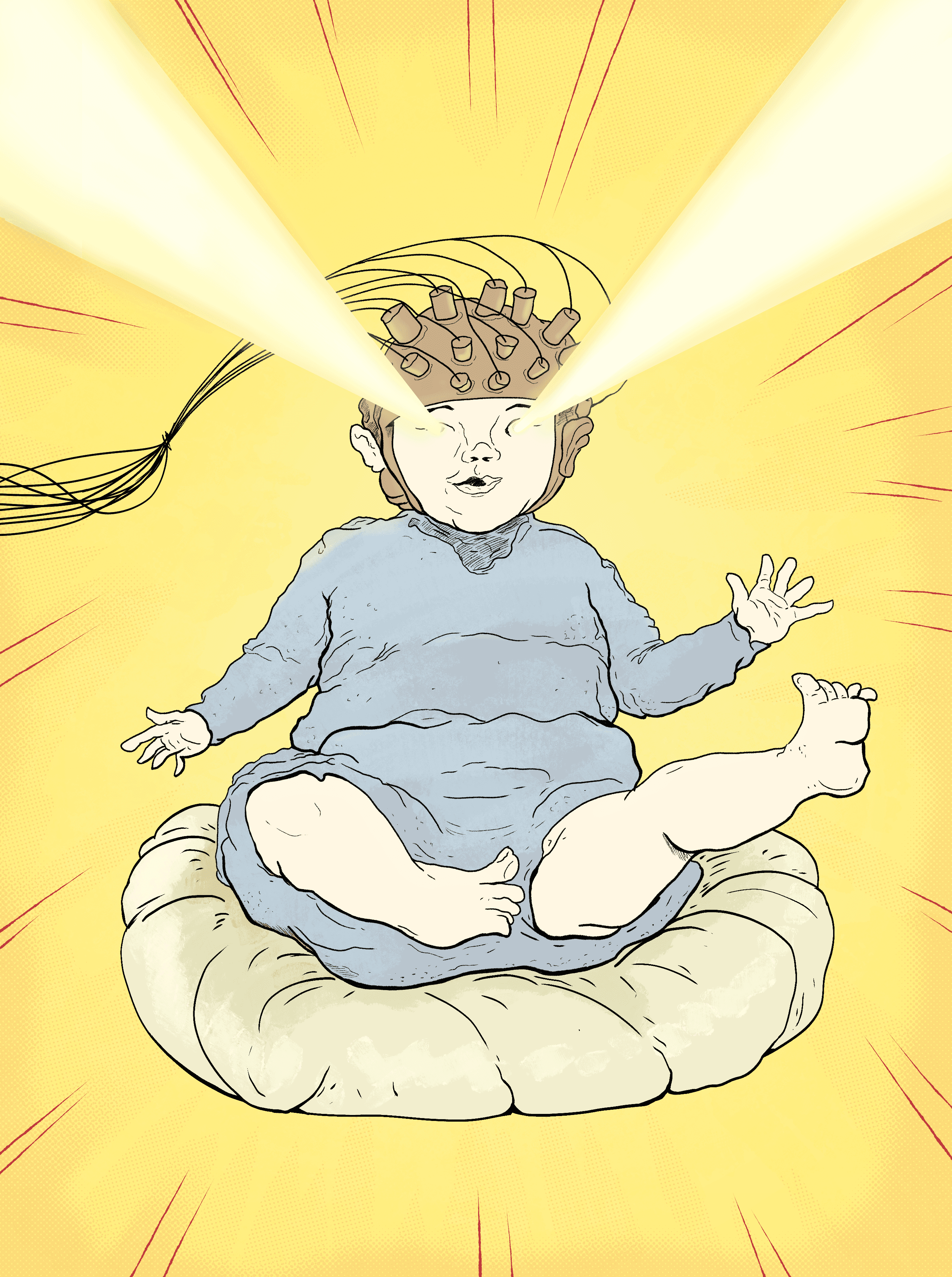 A baby is sitting on a soft cushion. The baby is wearing a cap with wires sticking out of it on its head. This is a Functional Near-Infrared Spectroscopy device. The illustration shows the baby floating in a yellow background, with light beams coming out of the eyes. This is to show the myth that FNIRS makes light come out of your eyes.