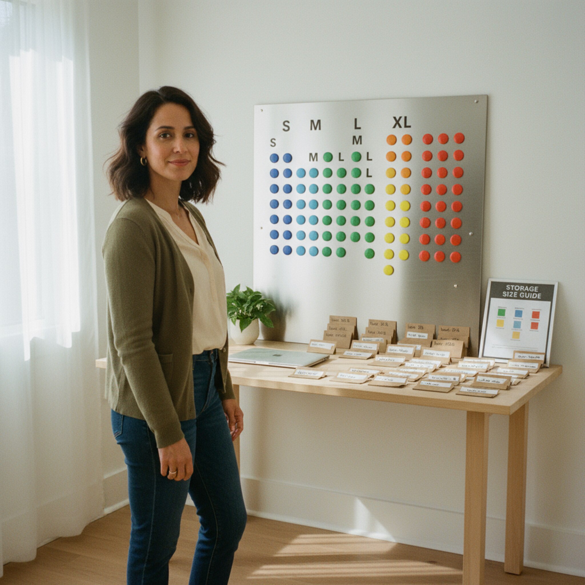In einem kleinen Büro lehnt eine magnetische Tafel an der Wand, farbige Marker markieren Größenkategorien. Eine Betreiberin sortiert beschriftete Kartonkärtchen nach Reihe und Größe und tritt einen Schritt zurück, um die Verteilung zu prüfen. Mildes Vormittagslicht fällt durchs Fenster. Alles wirkt durchdacht und planbar.