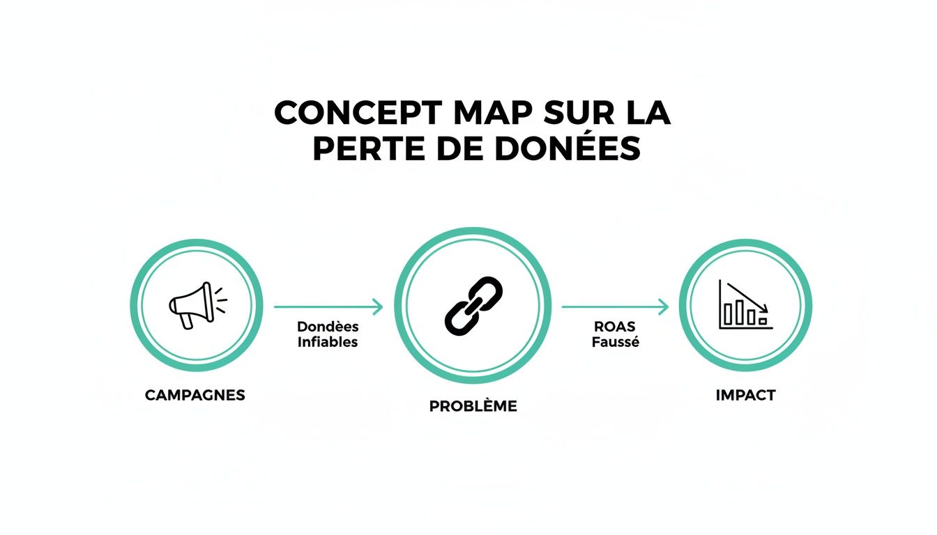 Carte conceptuelle illustrant l'impact de la perte de données sur les campagnes publicitaires et le ROAS.