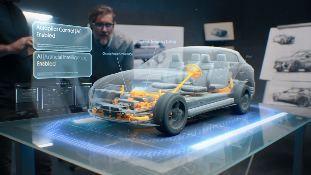 Development engineers are testing driverless autopilot system integrated into an electric car with AI artificial intelligence