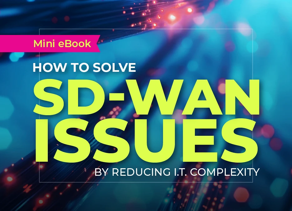CommandLink mini eBook cover titled ‘Enterprise SD-WAN: DIY or All-in-One Platform?’ with vibrant digital network background representing data flow and connectivity.