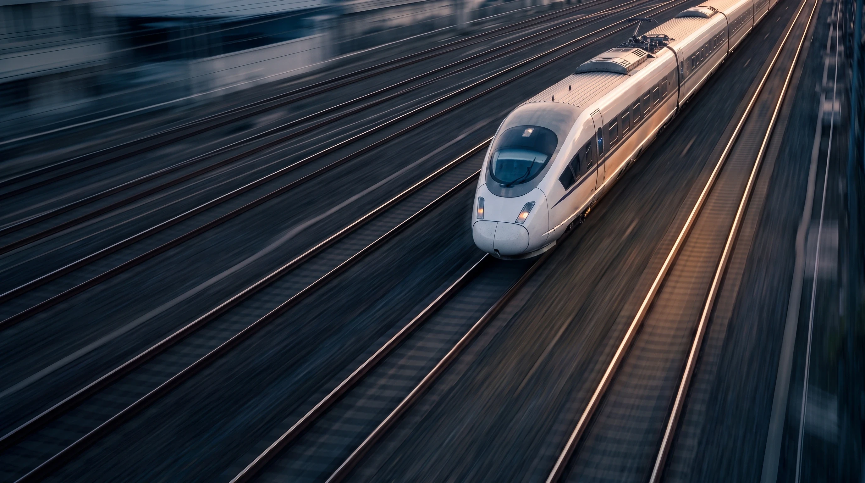 High-speed train in motion at sunset with a blurred city skyline