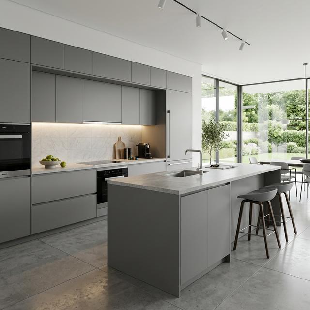 45 Handleless kitchen project with oak cabinetry and white island