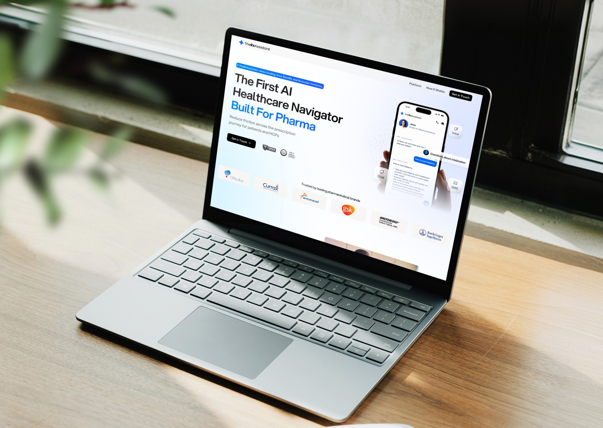 The Rx Assistant landing page designed and built by Rango, shown on a laptop with the pharma brand trust row