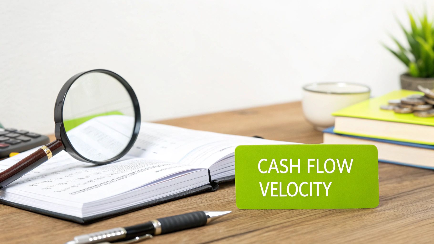 A magnifying glass on financial documents, a pen, and a sign displaying 'CASH FLOW VELOCITY' on a wooden desk.
