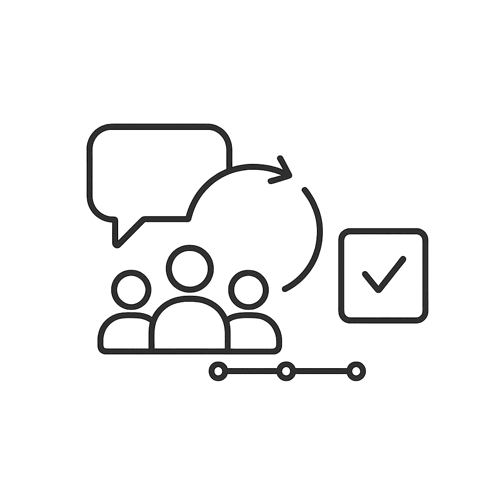 Symbolgrafik: Megafon über Personengruppe mit Häkchen – Mitarbeitendenkommunikation und Zustimmung.