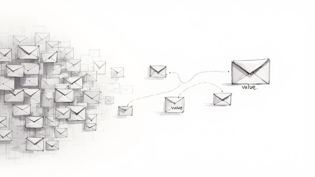 A person sitting at a desk with a laptop, focused on writing an email with a lightbulb graphic overhead, symbolizing a strategic idea.