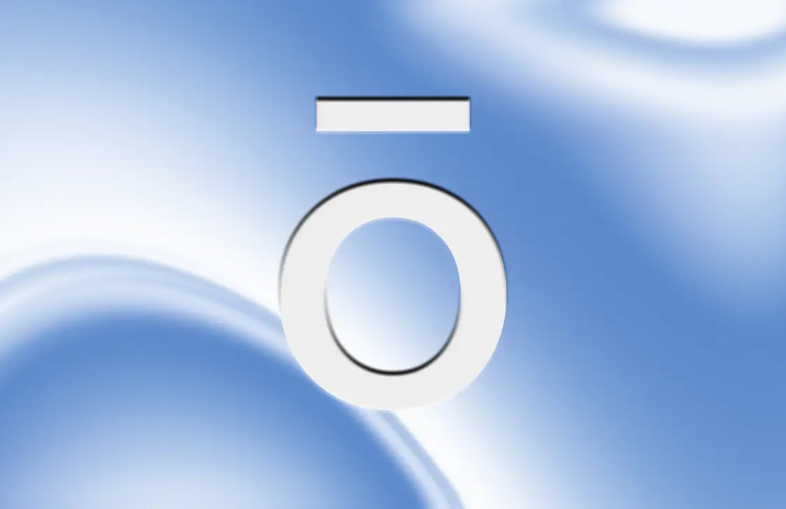A white "O" symbol with a horizontal bar above it, centered on a soft, abstract blue and white gradient background.