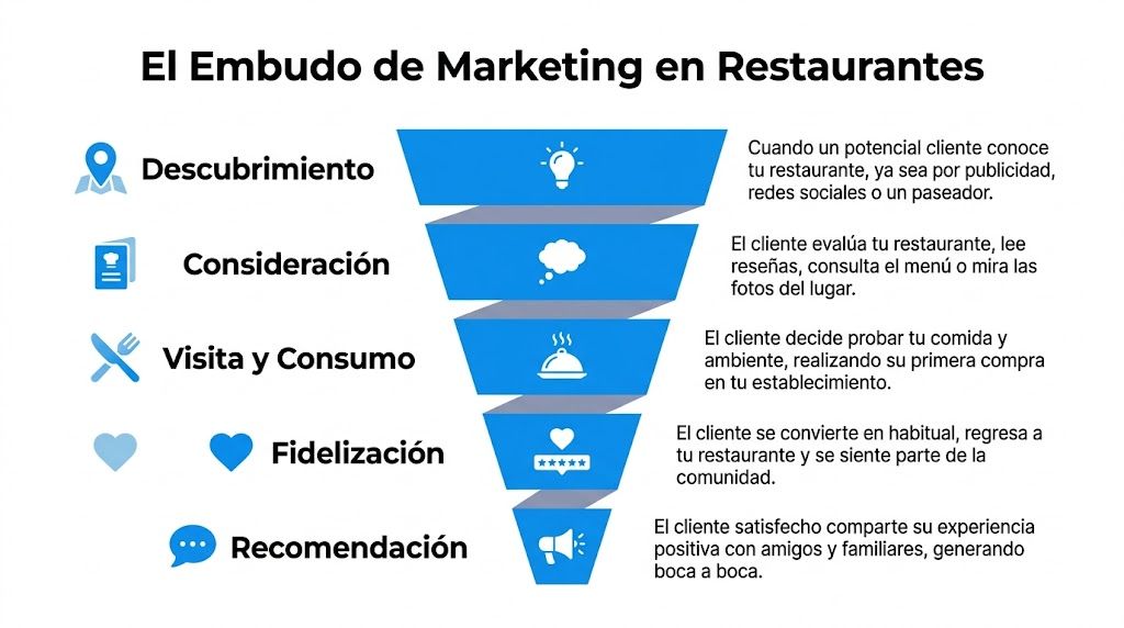 Infografía del embudo de marketing para restaurantes, ilustrando las etapas desde el descubrimiento hasta la recomendación final.