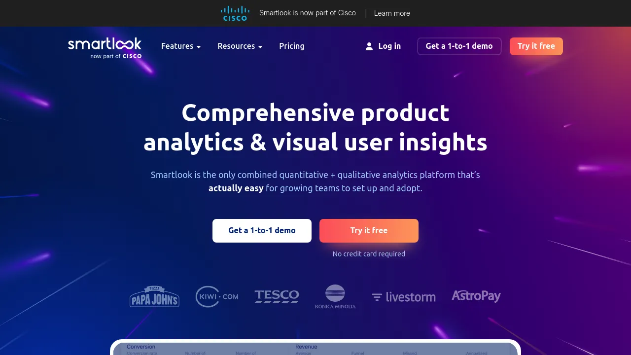 Screenshot of the Smartlook website presenting user analytics and behavior tracking tools