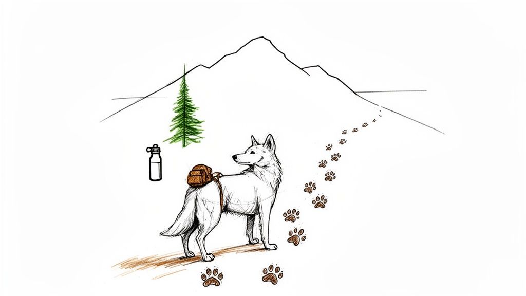 Illustration of a white dog wearing a backpack, ready for a mountain hike with paw prints.