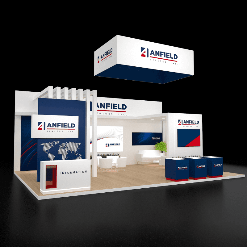 20x30 trade show booth rental with architectural canopy, monitors, reception counter, and storage room