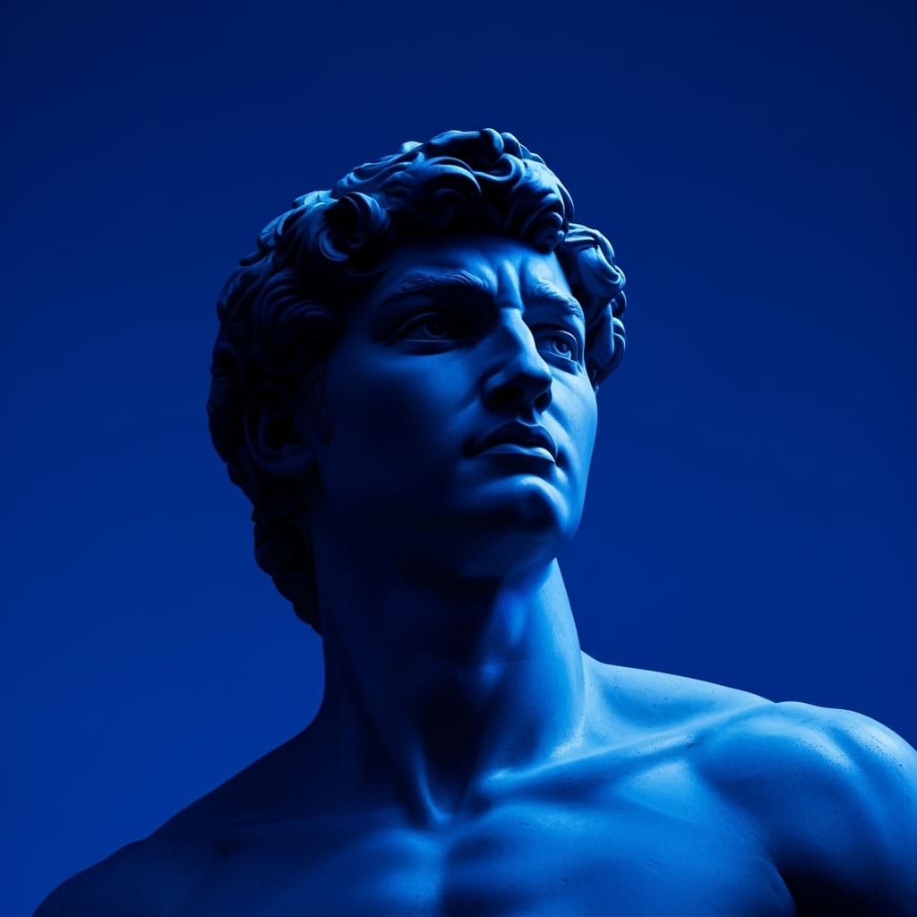 Close-up of the famous David statue, shown in blue tones with a focused expression, highlighting the details of the face and neck.