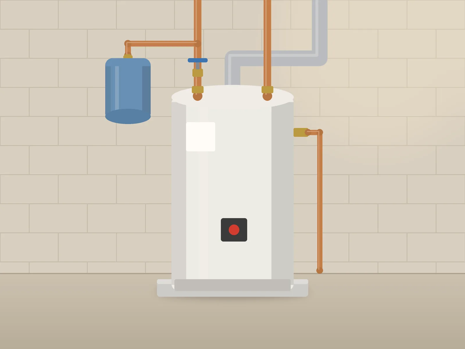 New water heater with a shutoff valve, expansion tank and dry floor