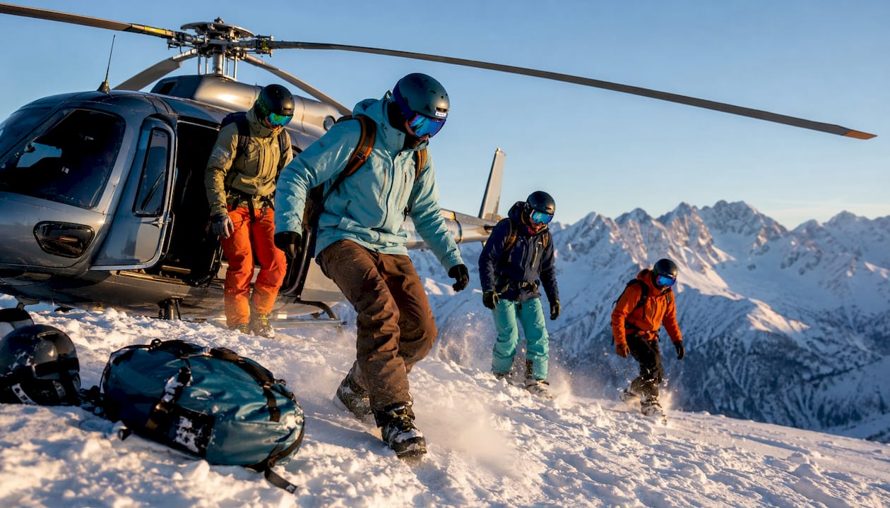 Skiers beside a helicopter on a snow-covered plateau