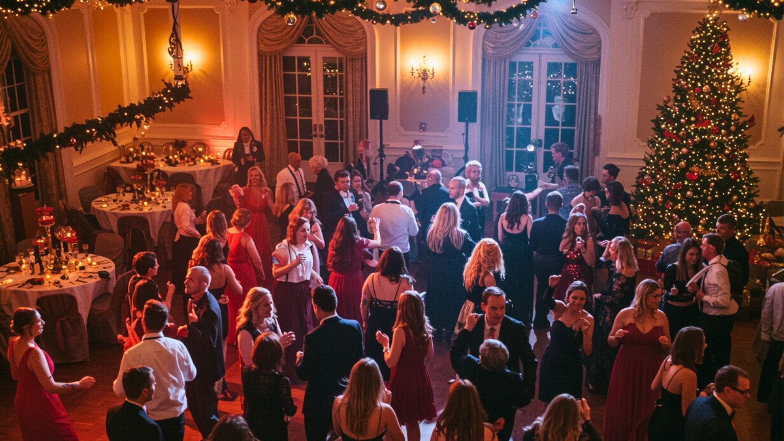 Partygoers celebrating at a Muskoka Christmas event, bundled in festive sweaters and swaying to holiday tunes beneath rustic chandeliers and evergreen wreaths.