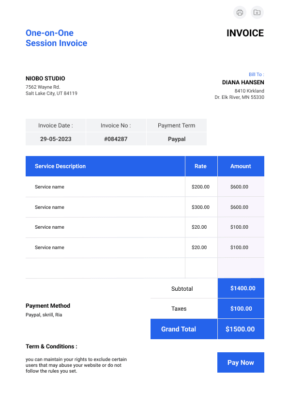 One-on-One Session Invoice