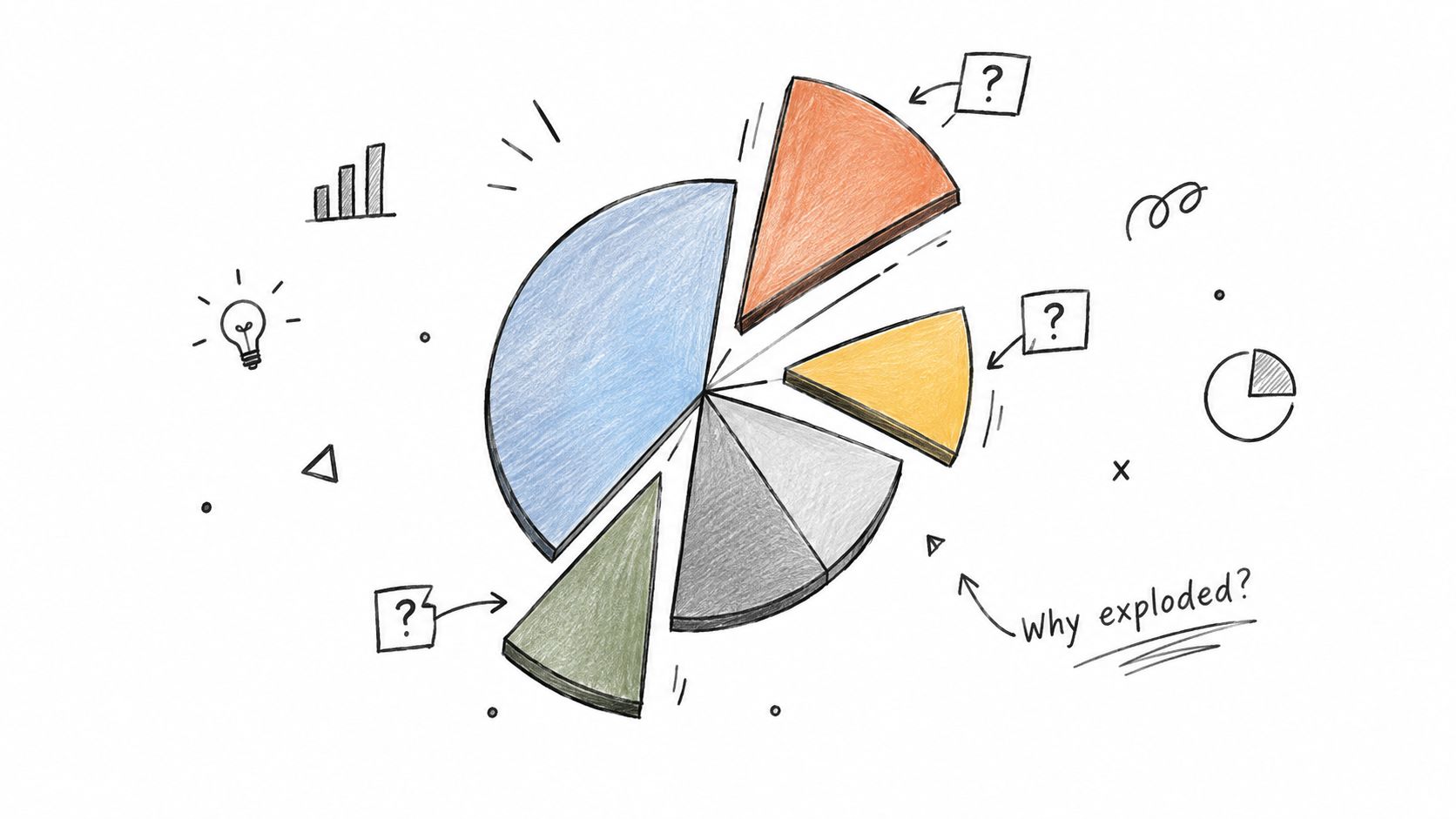 A hand-drawn illustration of an exploded pie chart with question marks and the text why exploded.