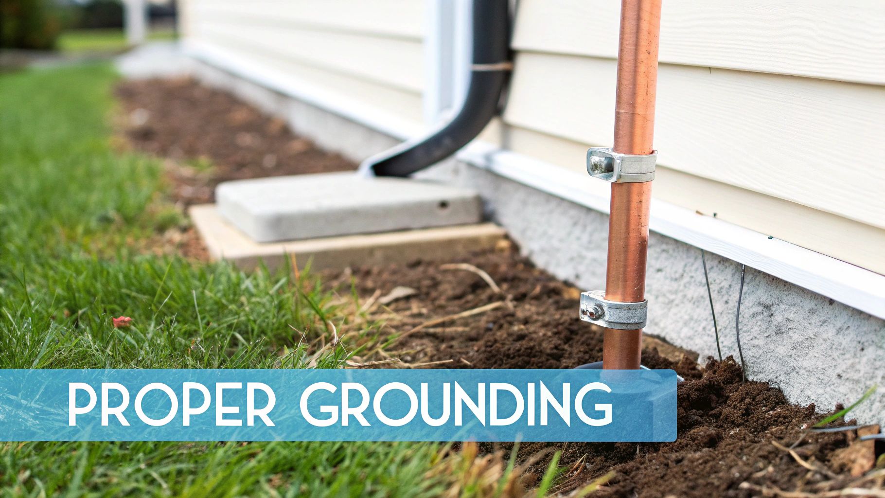 A copper grounding rod installed next to a house's foundation, illustrating proper electrical grounding.