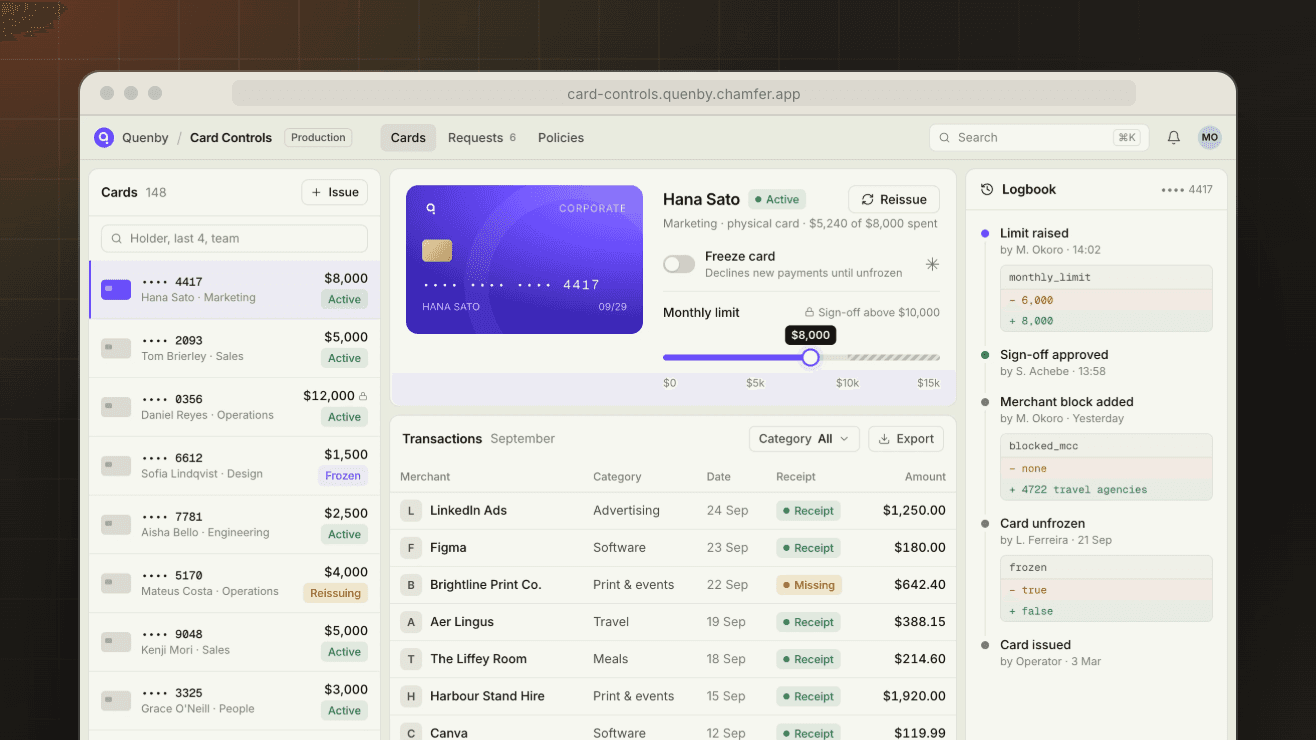 Quenby Card Controls: corporate card list, a limit slider with a sign-off threshold, a freeze toggle, transactions and a Logbook rail with diffs