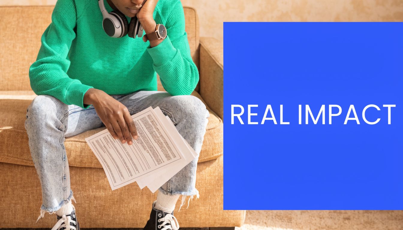 A person sitting on a couch holding legal papers with a contemplative expression, next to a blue background.
