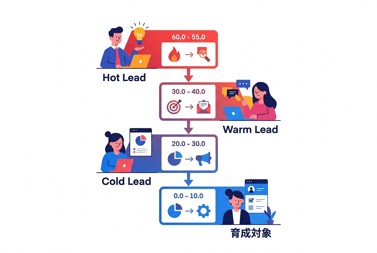 スコア別のアプローチフロー。80点以上のHot Leadは24時間以内の直接アプローチ、60〜79点のWarm Leadは72時間以内、40〜59点は継続育成、40点未満は自動メール育成に振り分ける。