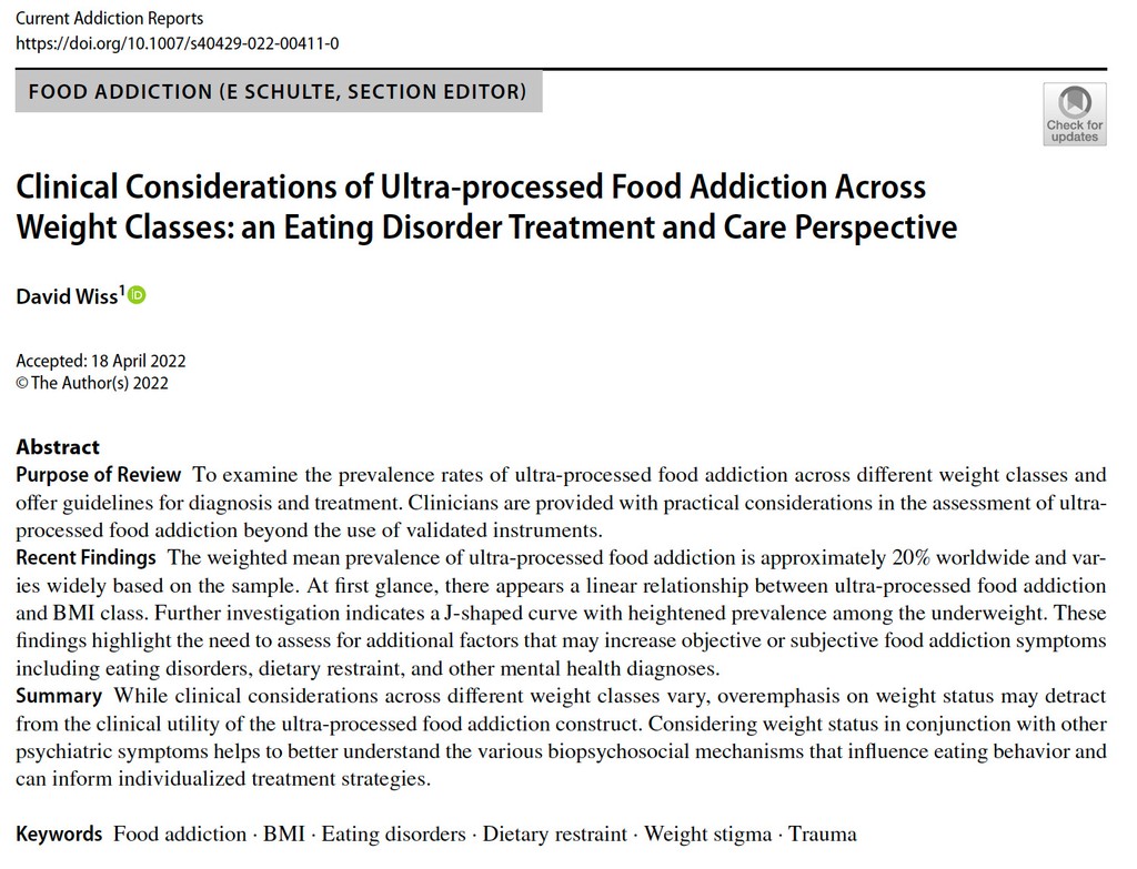 Clinical considerations of ultra-processed food addiction across weight classes: an eating disorder treatment and care perspective