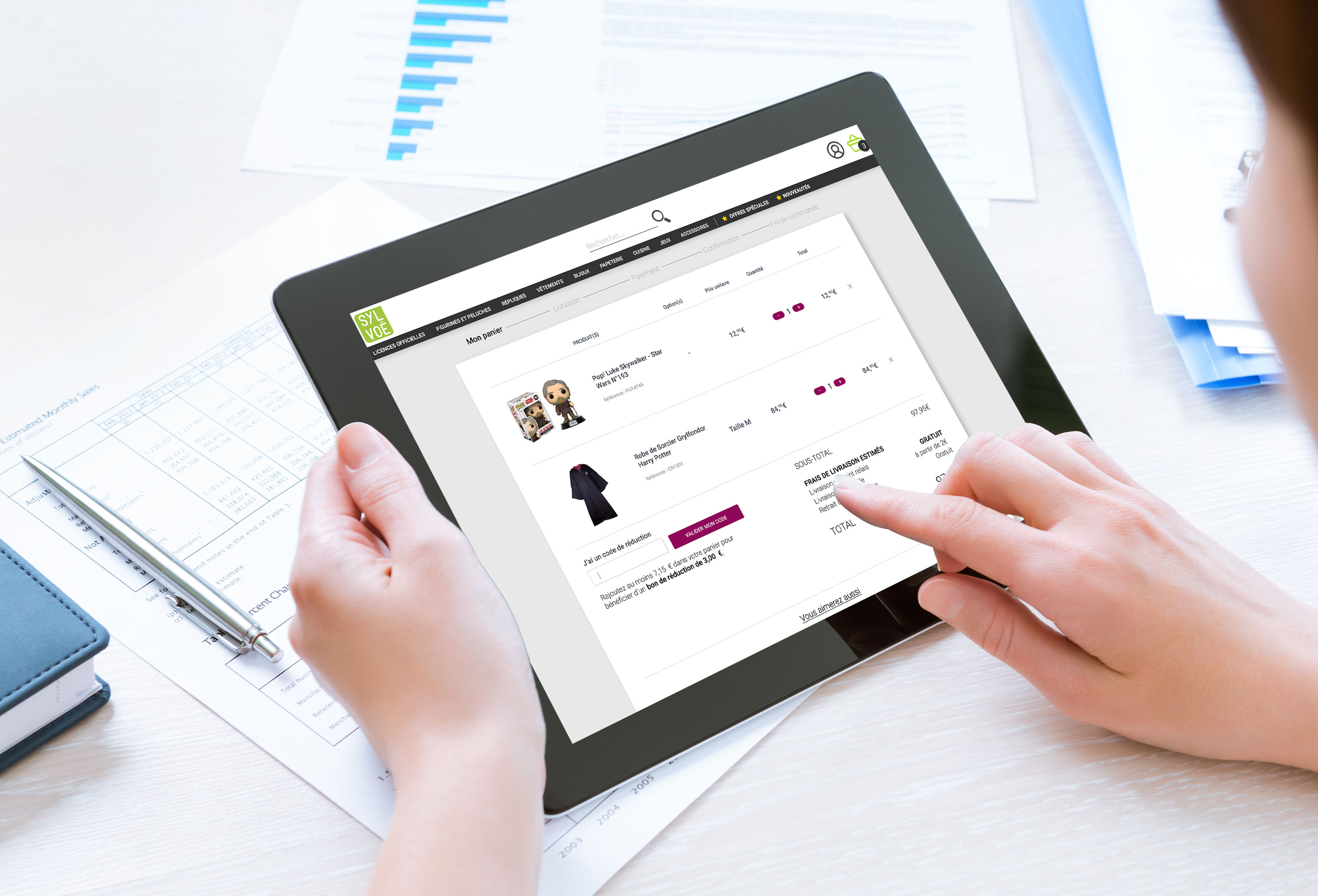 Refonte UX/UI du site e-commerce Sylvoë sur tablette, affichant une commande en ligne