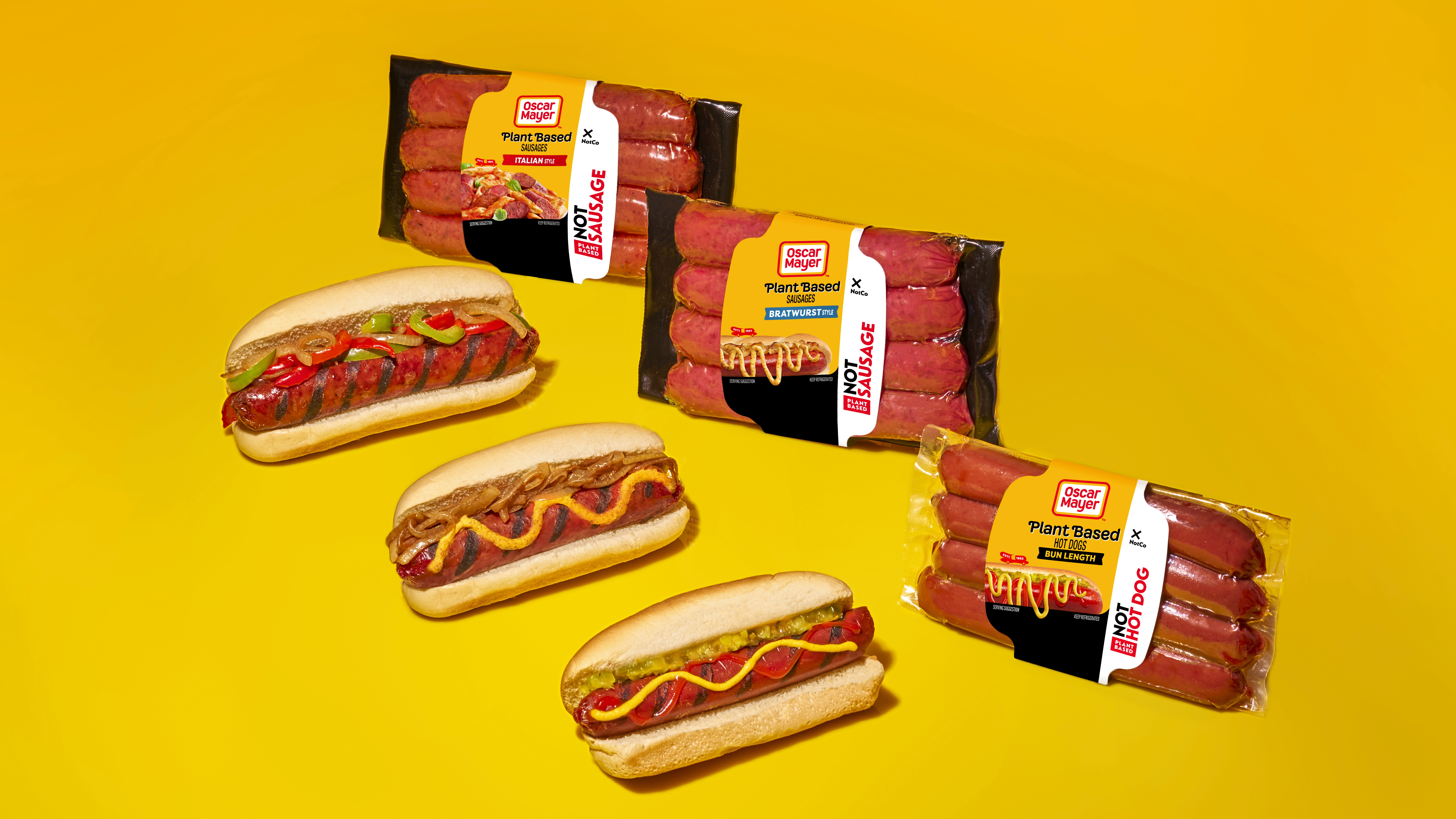 Oscar Mayer NotHotDogs and NotSausages products on a yellow background